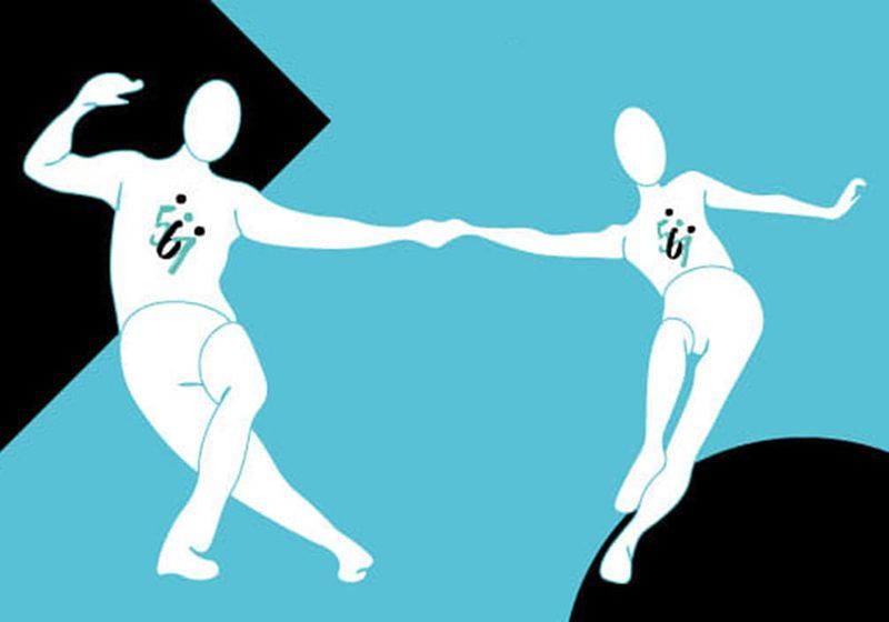 Dibujo de una pareja bailando latino con el logo de la academia 5,6,7 en la camiseta